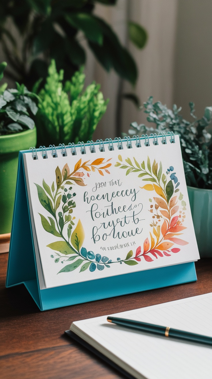 An artistic desk calendar with watercolor designs and plants in the background