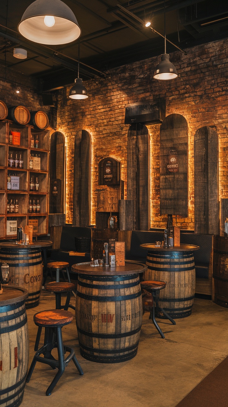 A whisky lounge with barrel-style tables, dark brick walls, and warm lighting.