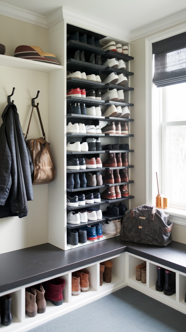 Ikea Benno CD towers used for shoe storage in a mudroom.