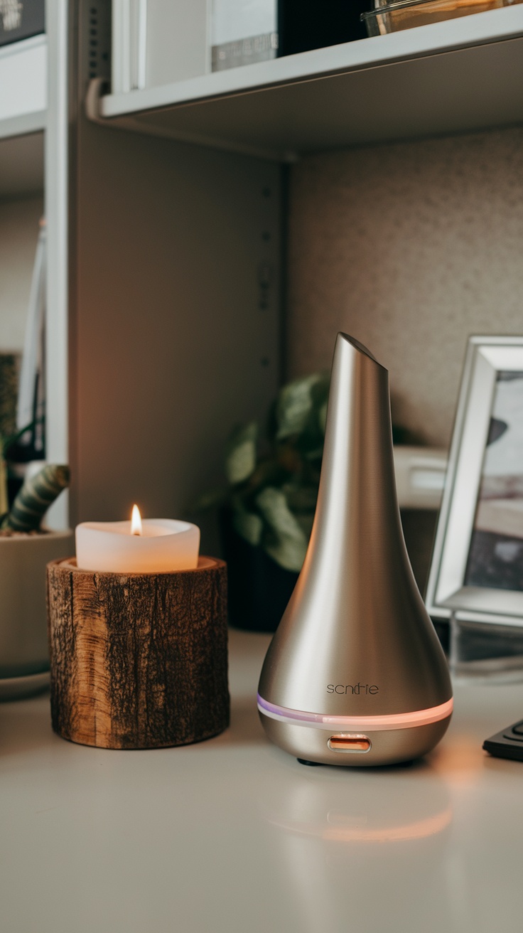 A wooden candle holder with a lit candle next to a sleek scent diffuser on a desk.