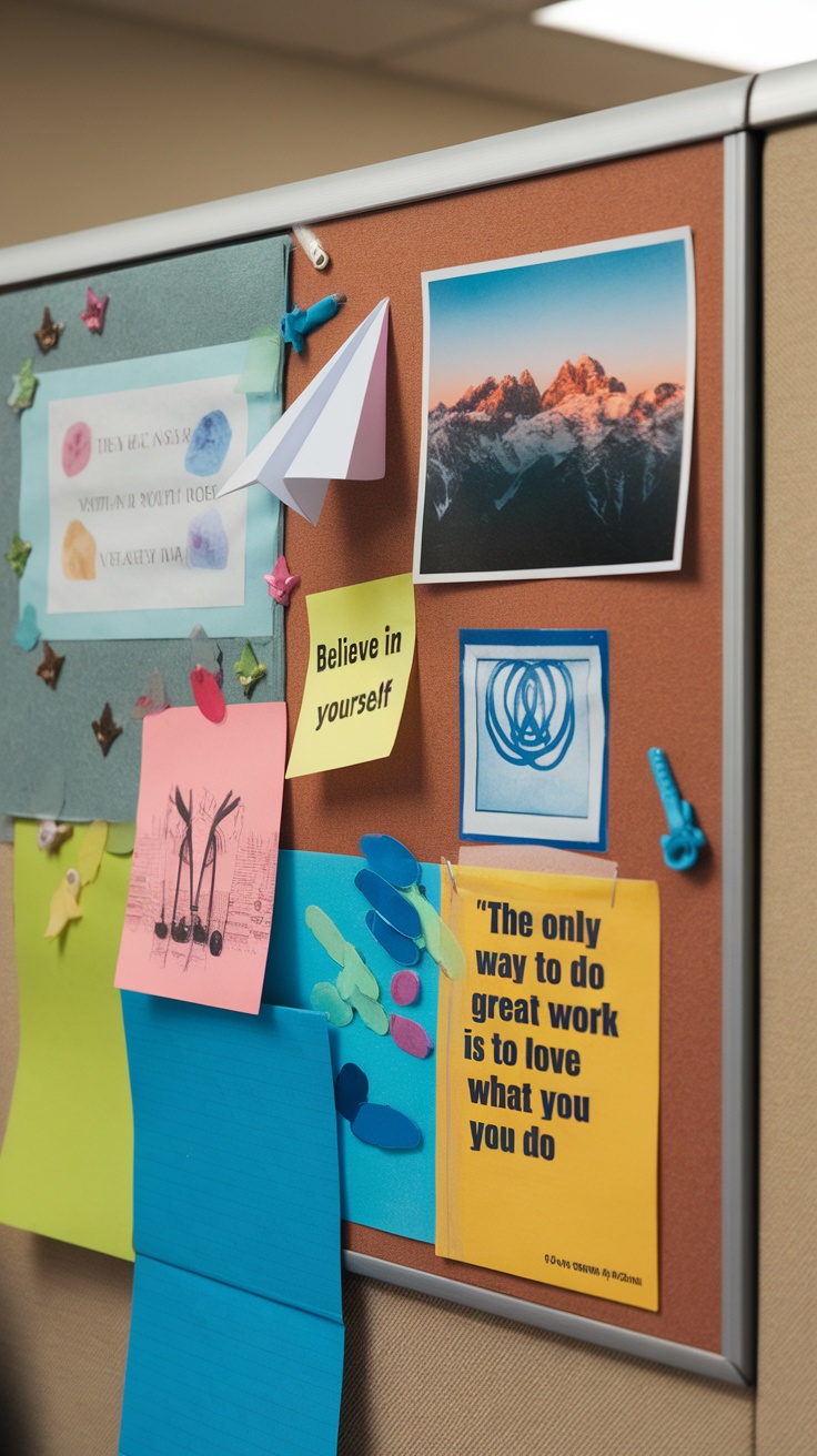 A colorful bulletin board with motivational quotes, sticky notes, and paper shapes.