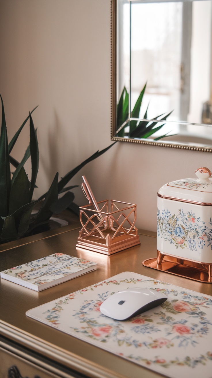 A chic desk setup featuring floral decor and rose gold accessories