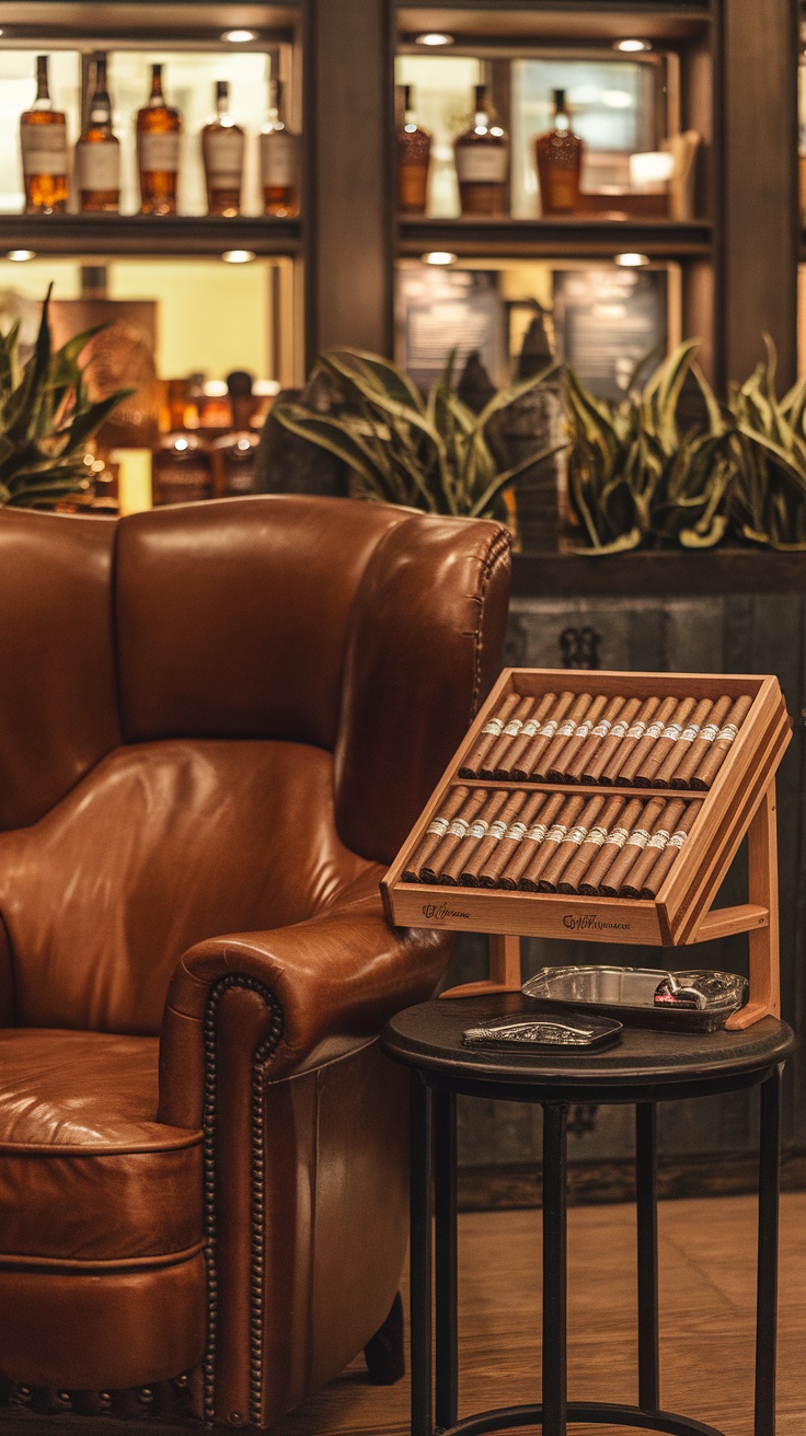 A cozy cigar corner featuring a leather chair and a stylish table with a cigar display.