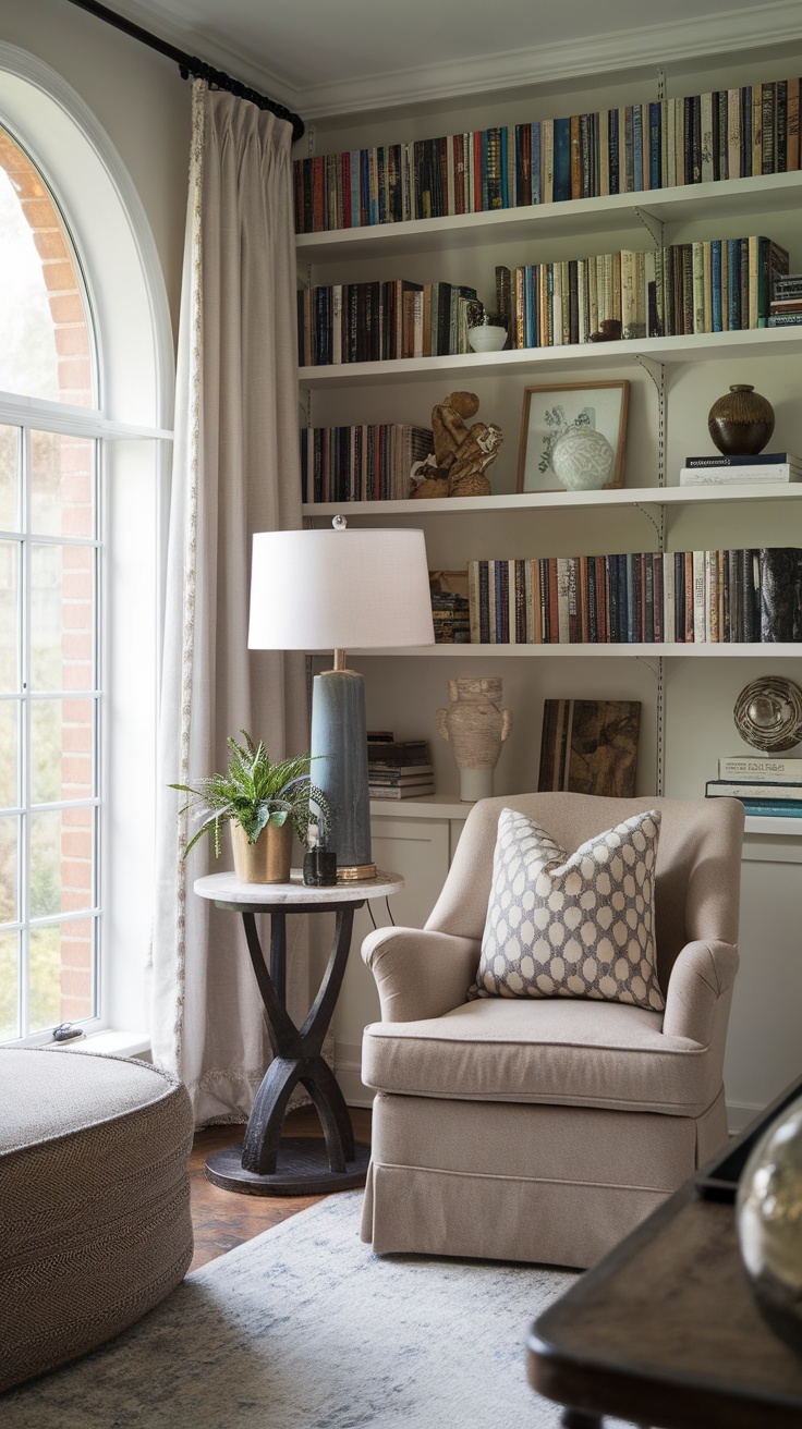 Cozy corner nook with a beige chair, patterned pillow, bookshelf, lamp, and plant.