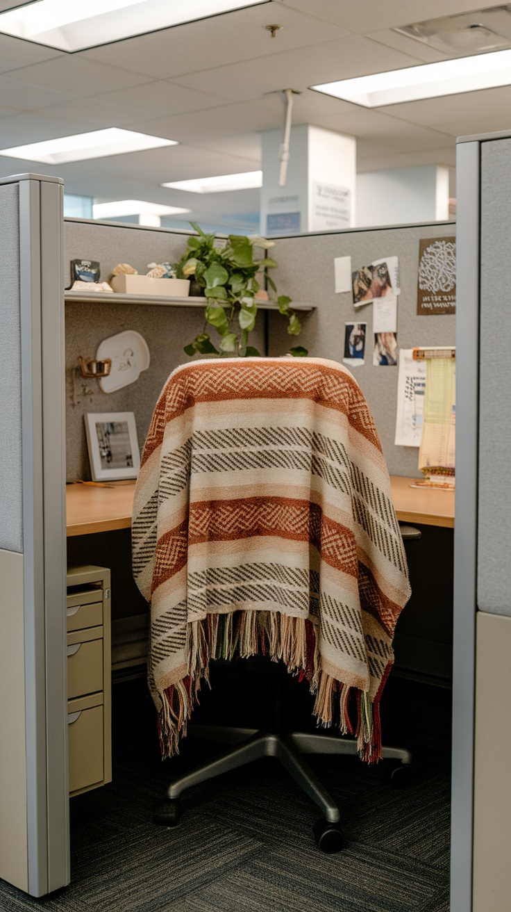 A cozy throw blanket draped over a chair in a cubicle, surrounded by decorative items.