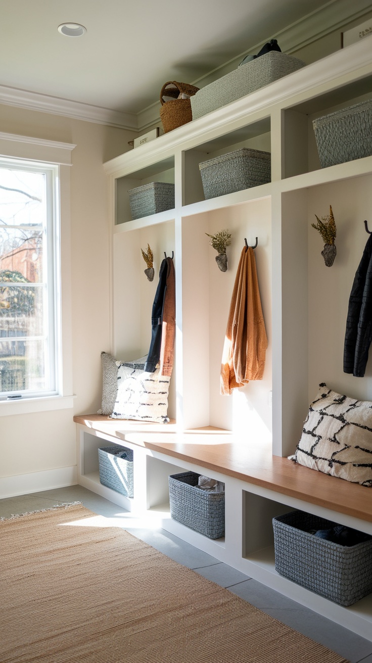 An organized mudroom with an open locker setup featuring hooks for coats, storage baskets, and a bench.