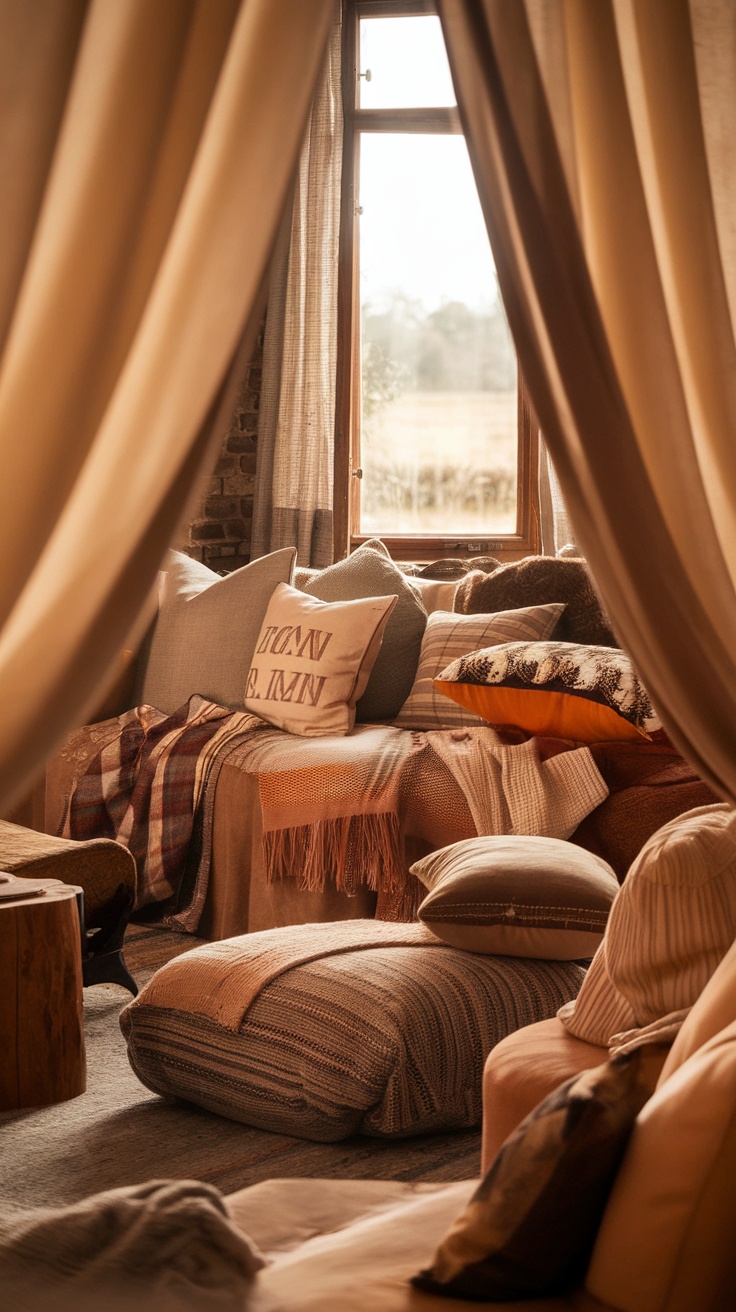 Cozy living room with soft cushions and warm blankets