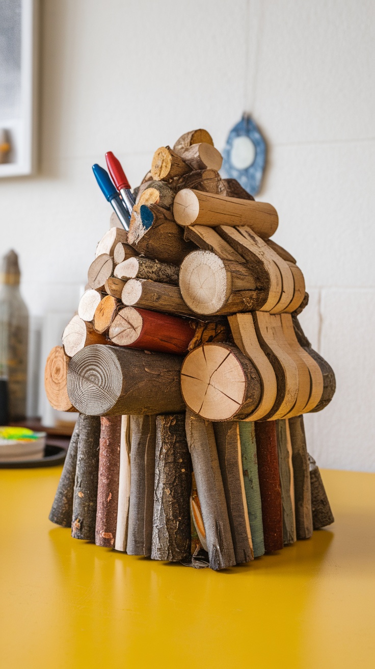 A creative pen and pencil holder made from stacked pieces of wood.