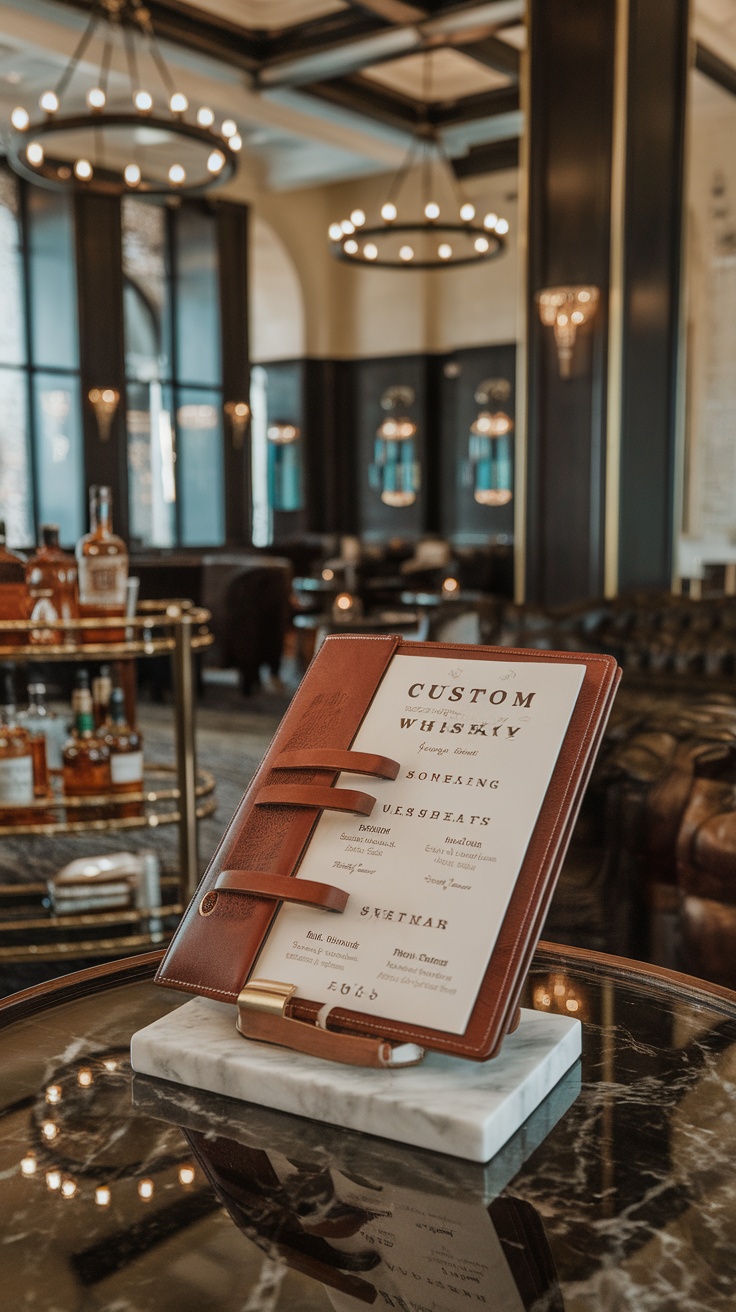 A stylish custom whisky flight menu displayed on a table in a lounge setting.