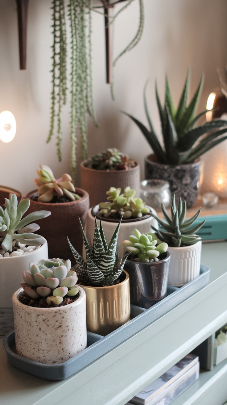 A collection of cute succulents in various pots displayed on a table.