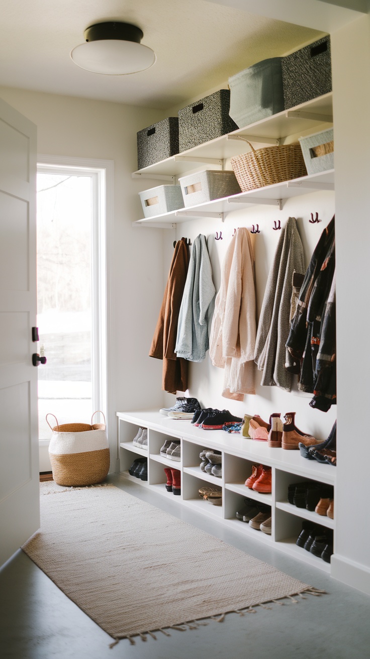 A well-organized mudroom featuring Ivar shelving with hooks, baskets, and shoe storage.