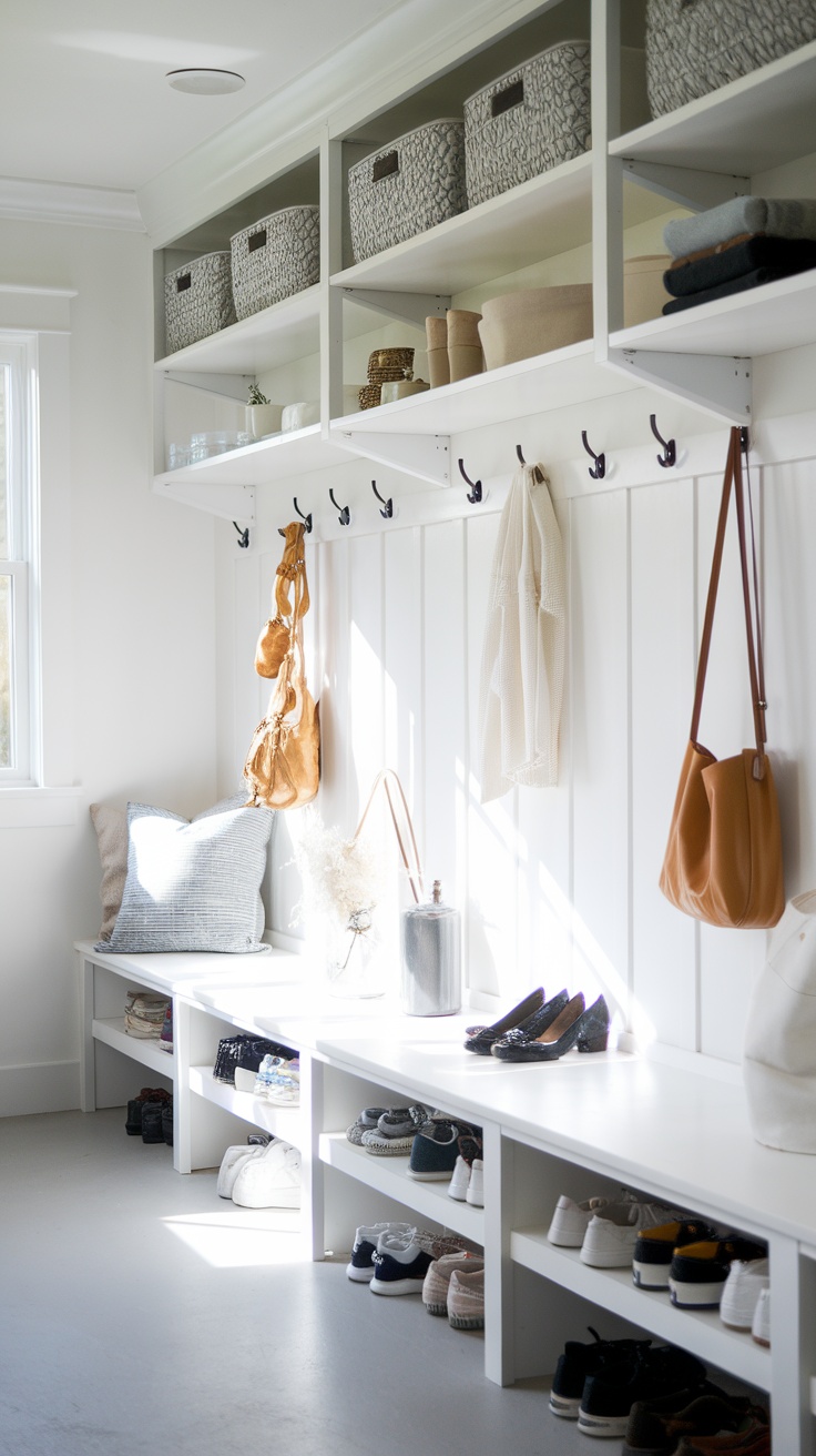 A minimalist mudroom featuring Ekby floating shelves with baskets and hooks, a bench for sitting, and organized shoe storage