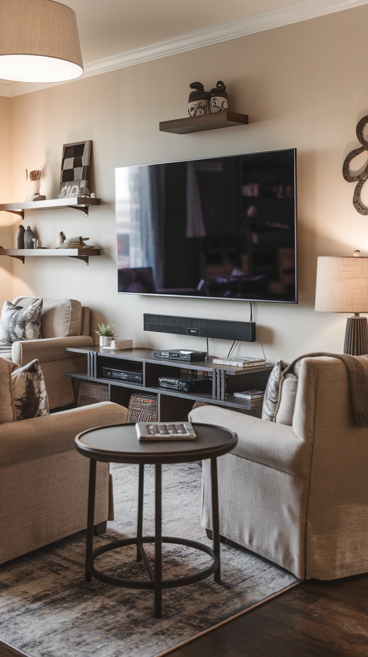 A cozy living room featuring a large TV, comfortable seating, and a media console.