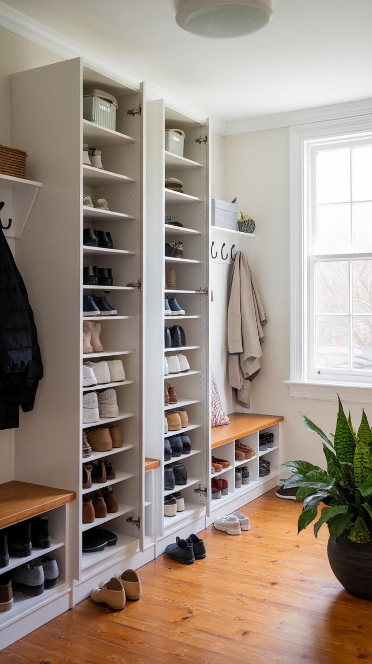 A modern mudroom featuring Trones shoe cabinets, organized shoes, and hooks for coats.