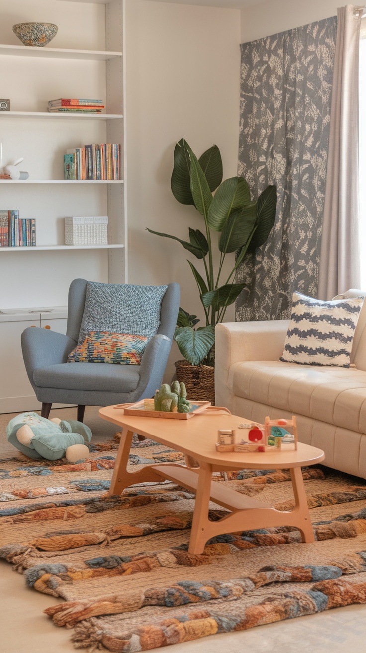 A family-friendly living room with a cozy sofa, a comfy armchair, and a soft rug.