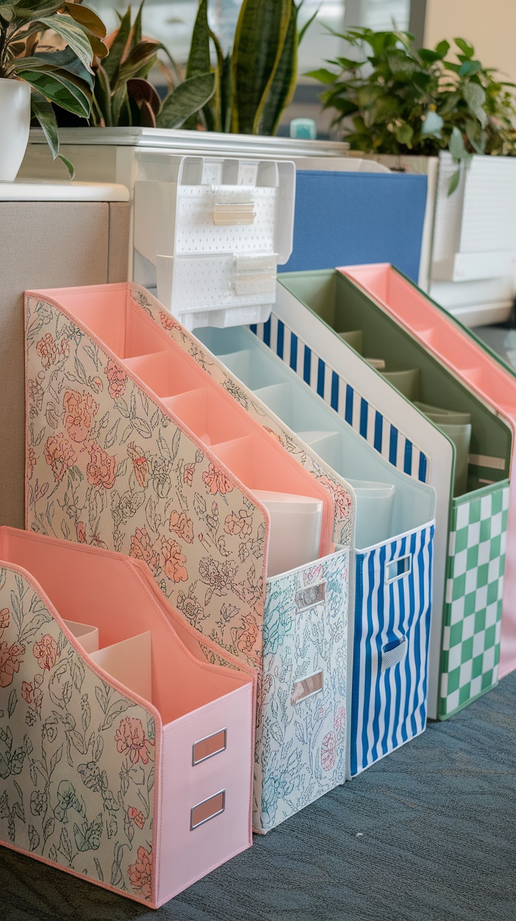 Colorful file organizers in different patterns and styles, arranged neatly in a cubicle setting.