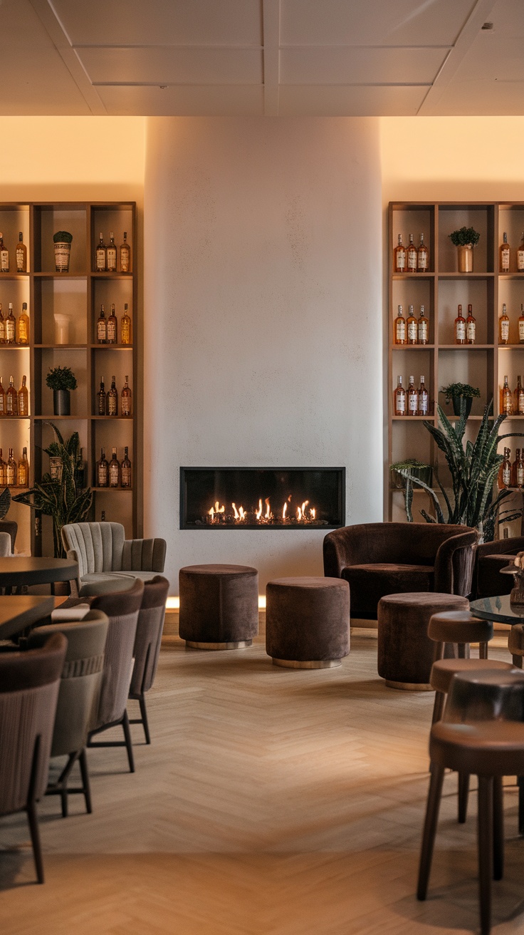 A cozy whisky lounge featuring a modern fireplace, plush seating, and shelves filled with whisky bottles.