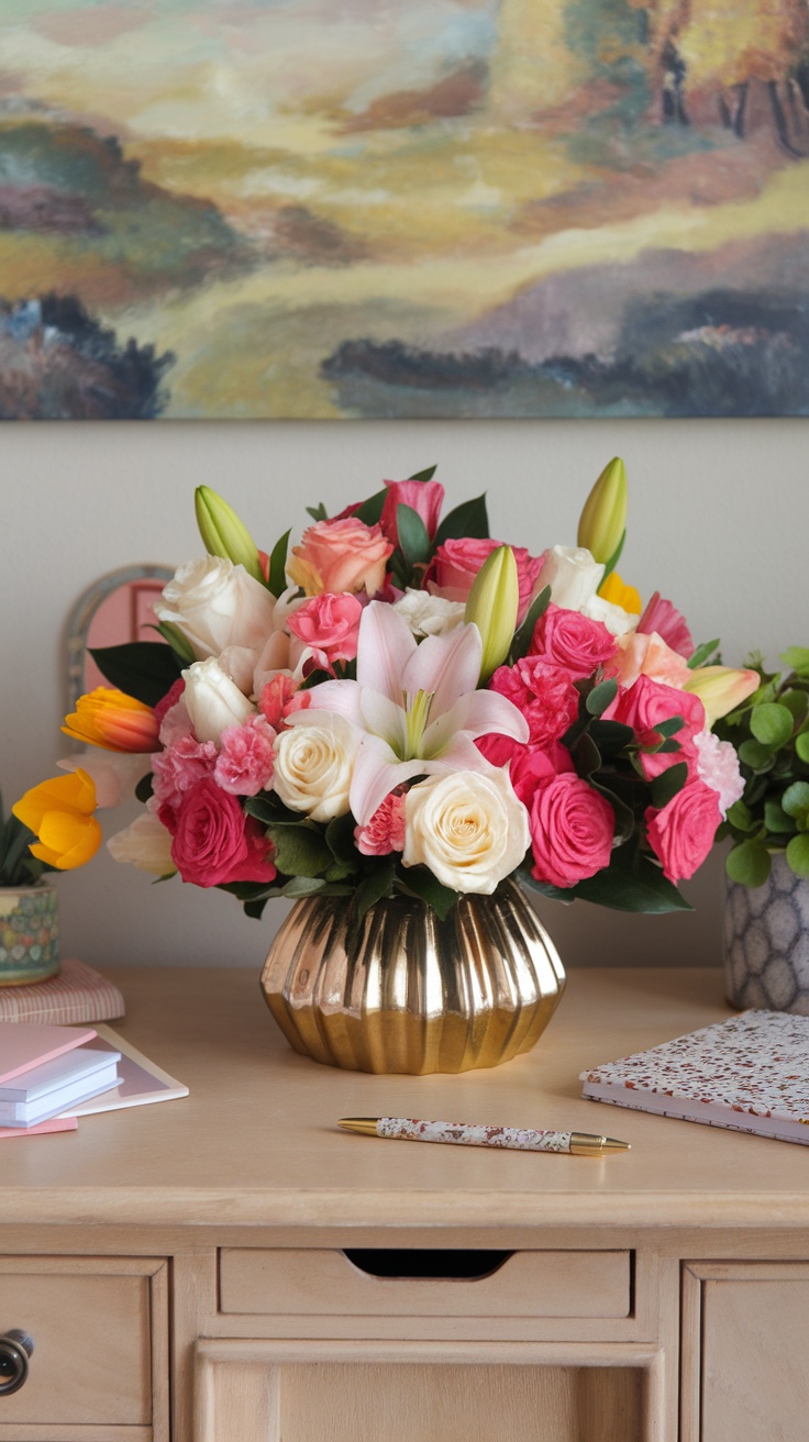 A beautifully arranged floral desk display featuring pink roses, white lilies, and yellow tulips in a gold vase, surrounded by stationery on a light wooden desk.