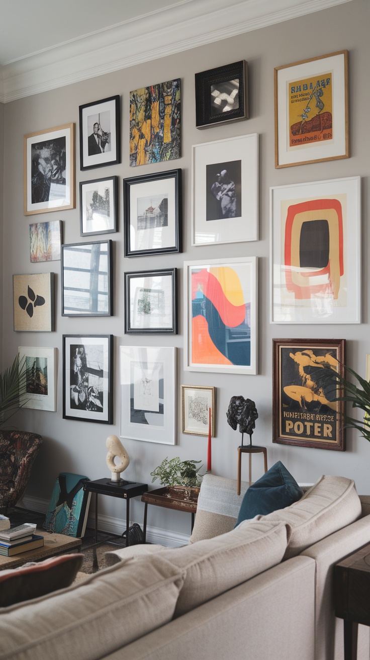 A gallery wall featuring a variety of framed art pieces and photographs in a living room.