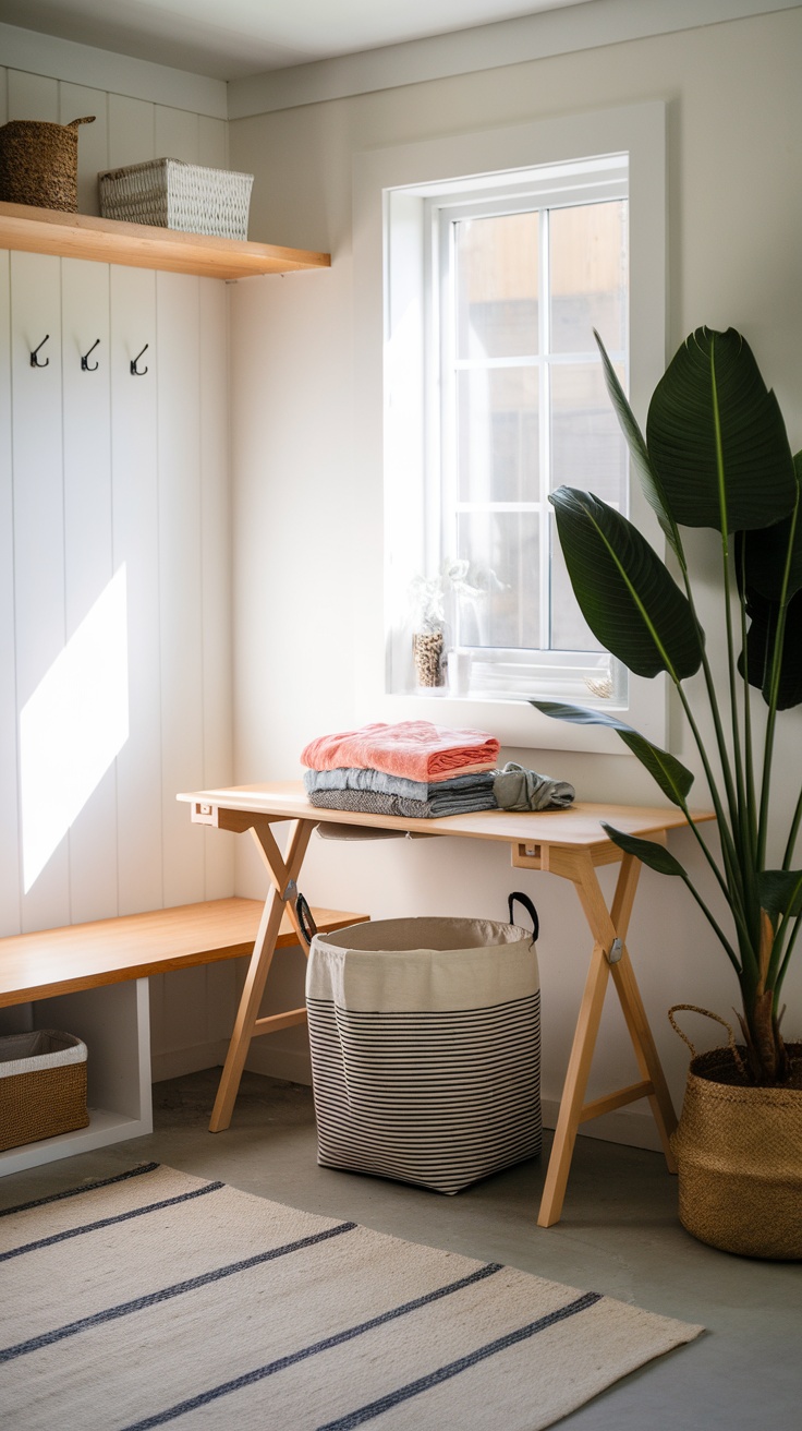 A bright and organized mudroom featuring a Gersen table with folded clothes, a laundry basket, and a plant.