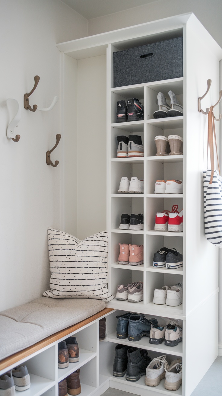 Hemnes shoe cabinet and bench combo in a stylish mudroom with shoes neatly organized and a cozy cushion.