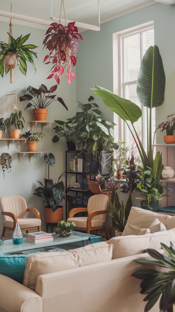 A living room filled with various plants, featuring cozy seating and a glass-topped table, creating a lively atmosphere.