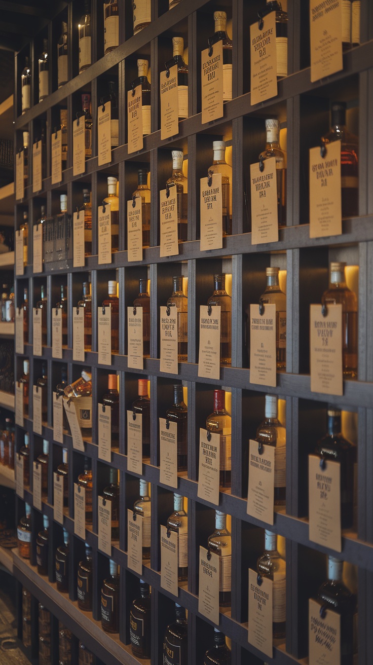 A neatly arranged whisky wall displaying various bottles with labels.