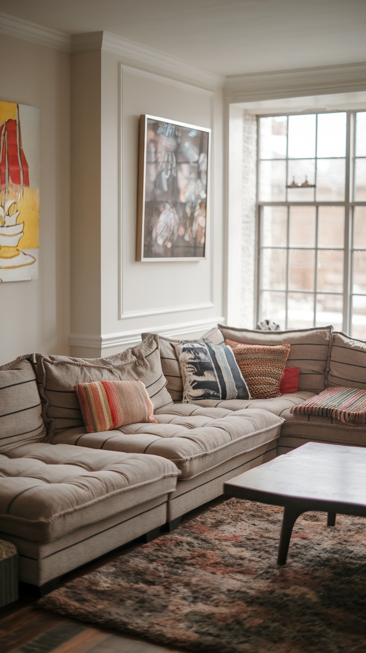 Cozy L-shaped sectional sofa in a living room with colorful throw pillows and a coffee table.