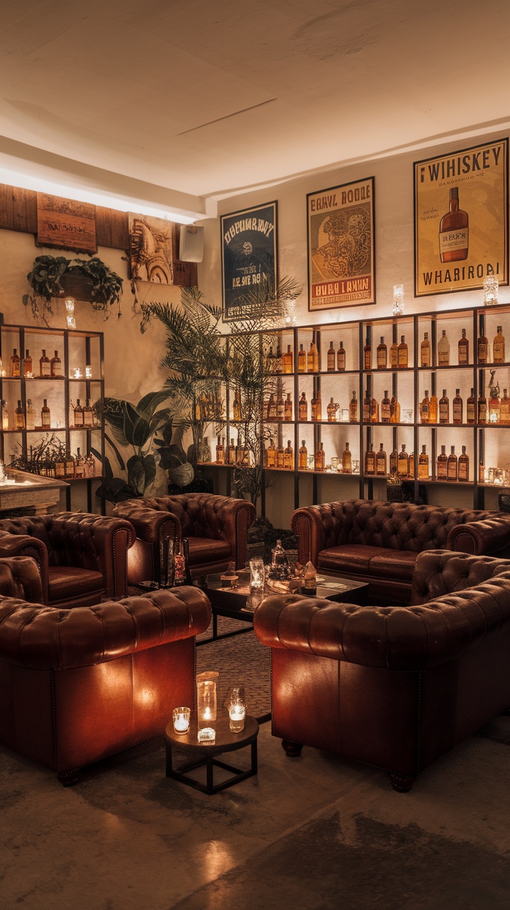 Cozy whisky lounge featuring leather seating and candlelight.