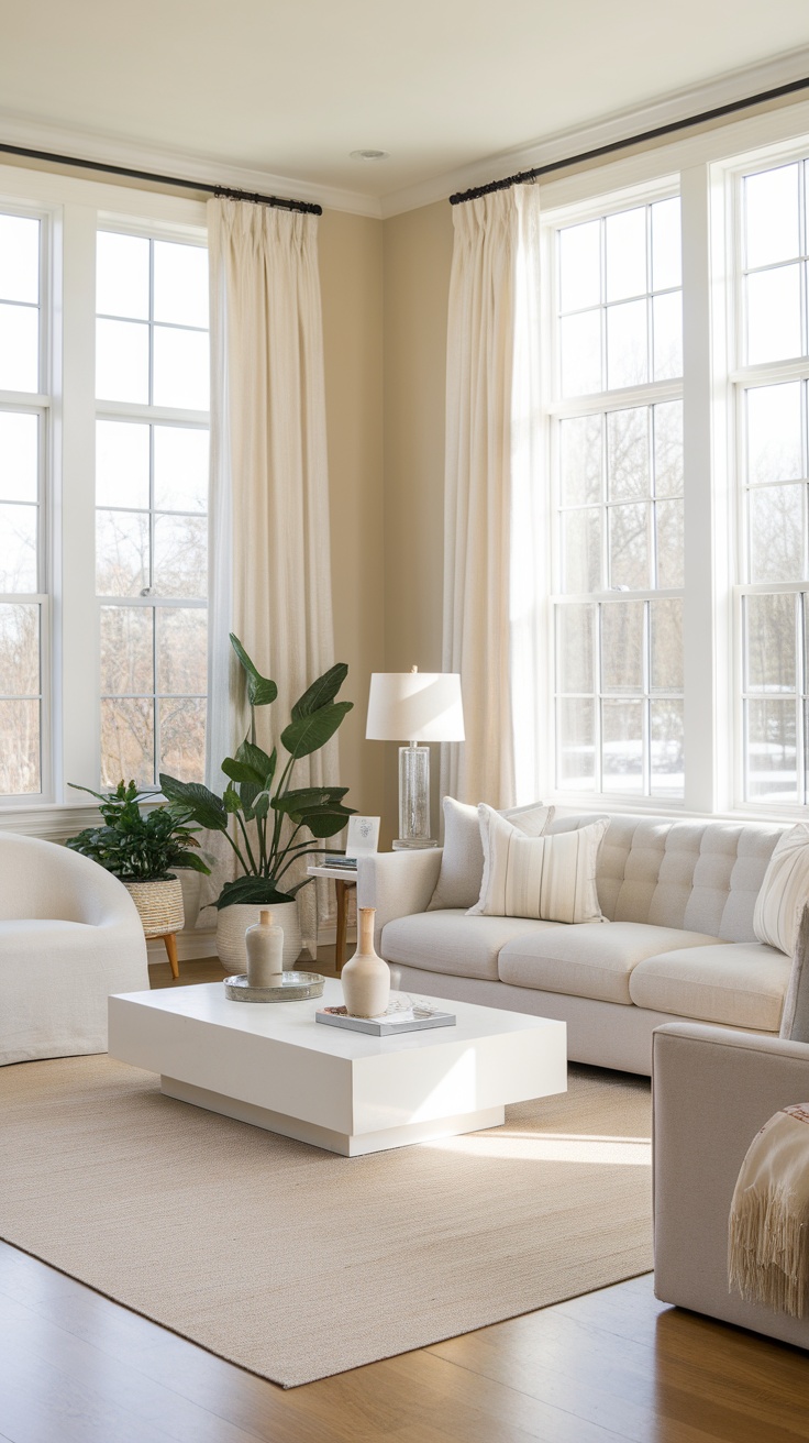 A bright and airy living room with large windows, neutral colors, and plants, featuring a cozy sofa and modern coffee table.