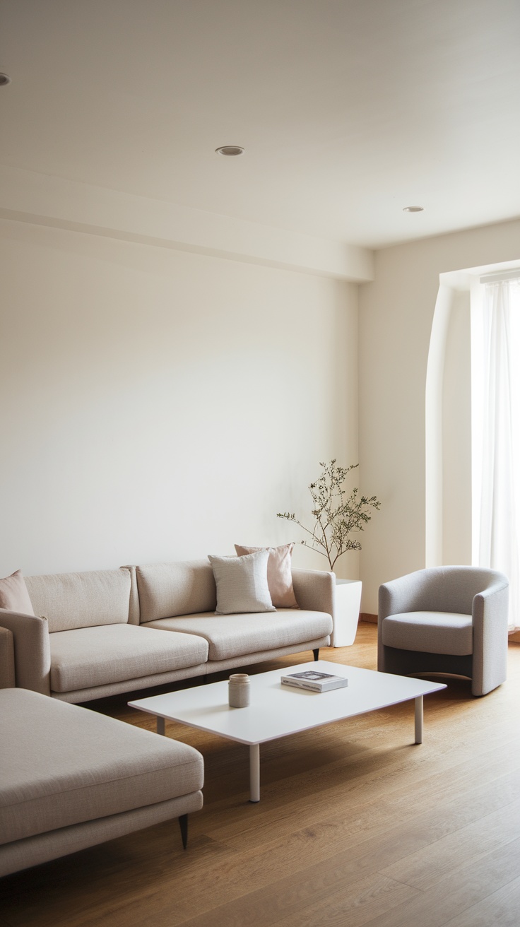 A minimalist living room featuring a light-colored sofa with cushions, a sleek coffee table, and a single armchair, brightened by natural light from a large window.