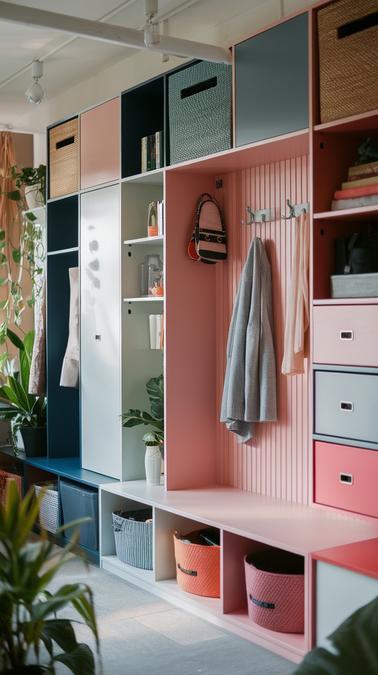 Ikea mudroom with Besta units featuring colorful storage solutions and plants