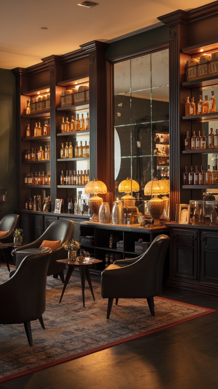 A stylish whisky lounge with warm lighting, displaying whisky bottles on shelves and comfortable seating.