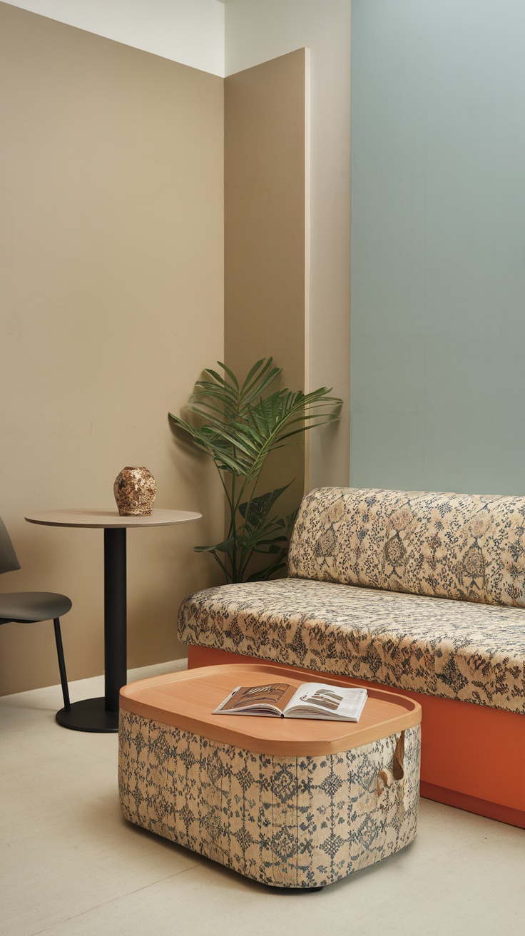 Cozy living room corner featuring a patterned sofa, a small round table, a storage coffee table, and a plant.