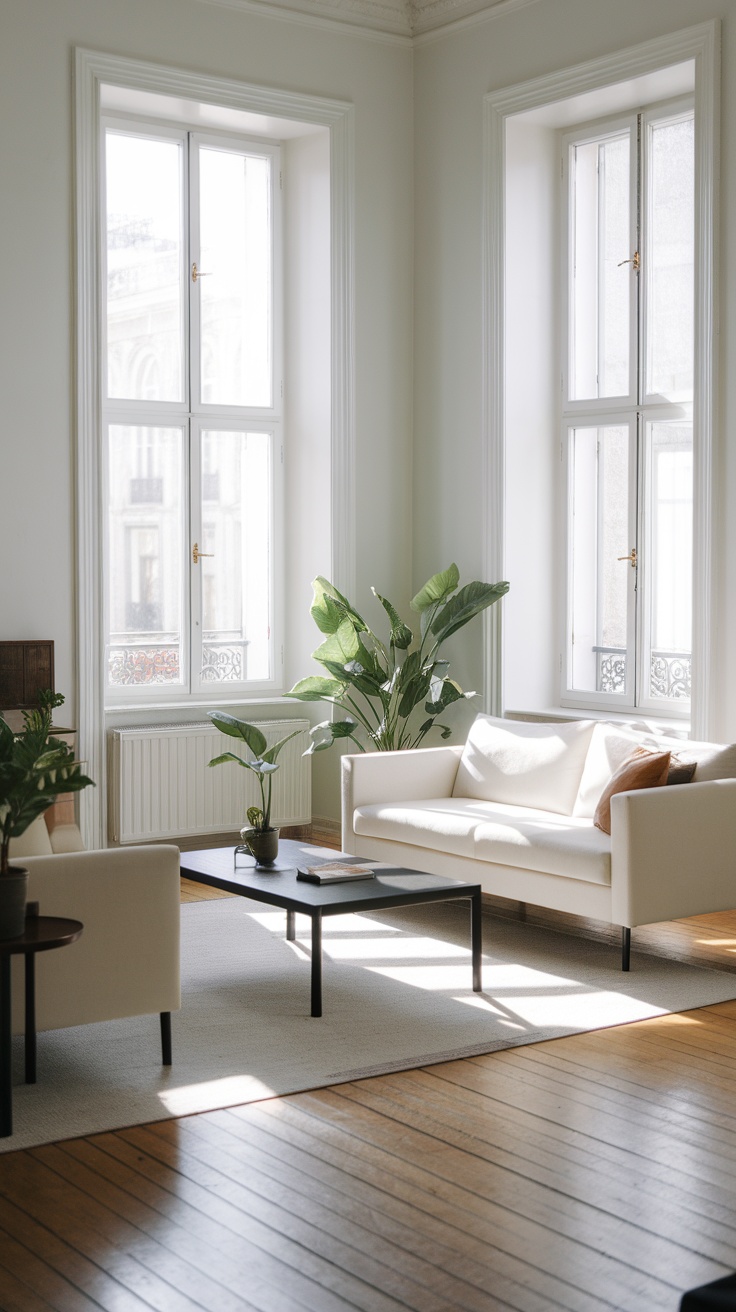 Bright open concept living room with large windows, light-colored furniture, and indoor plants.