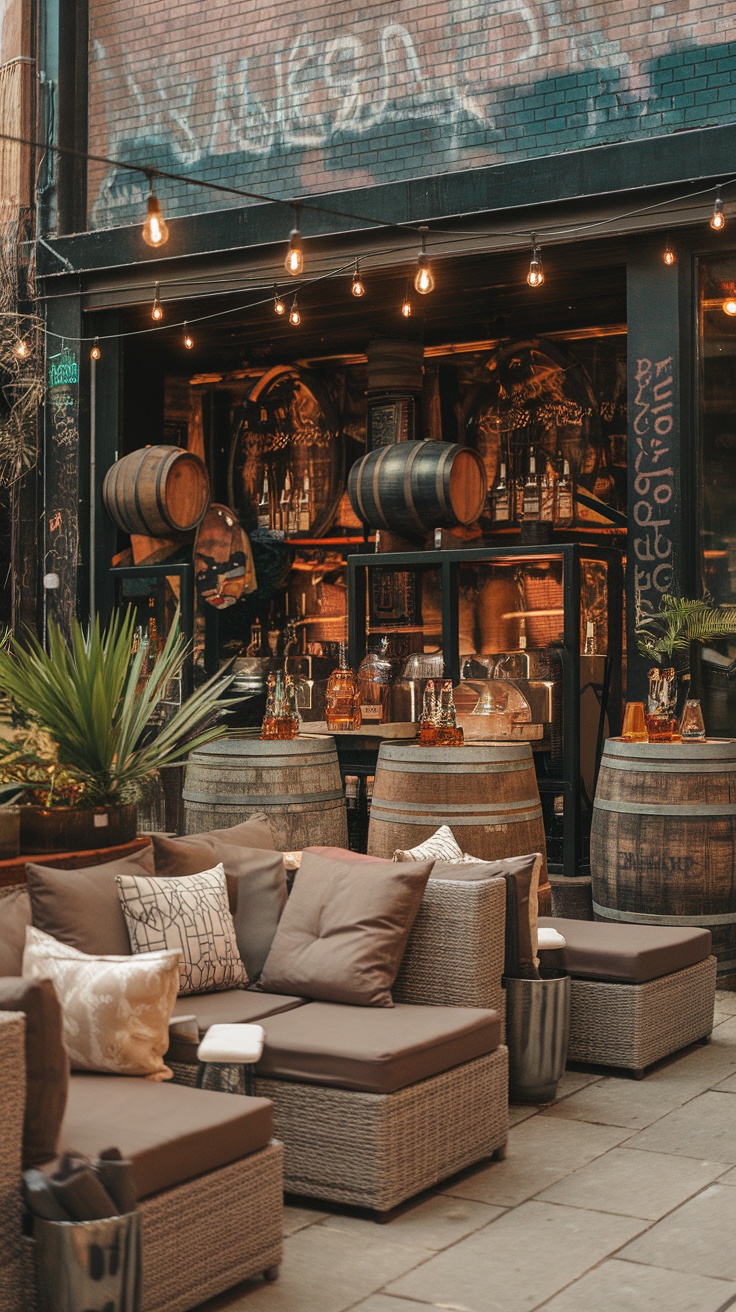 A cozy outdoor whisky patio with comfortable seating, rustic barrels, and warm string lights.