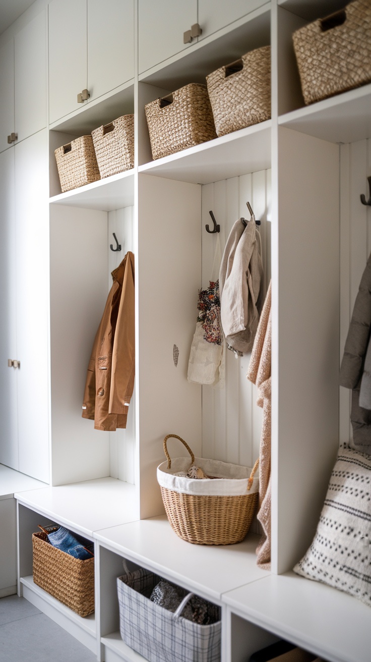 A well-organized Pax wardrobe in a mudroom, featuring hooks for coats and baskets for storage.