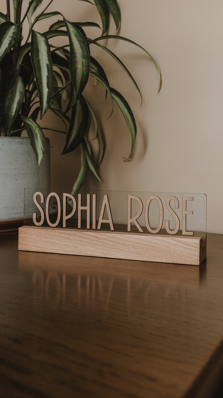 A personalized nameplate that reads 'SOPHIA ROSE' displayed on a wooden base next to a plant.