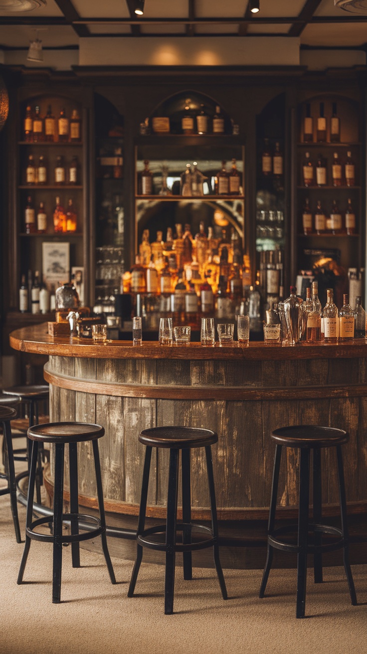 A rustic wooden bar with a curved countertop and black stools in a cozy whisky lounge