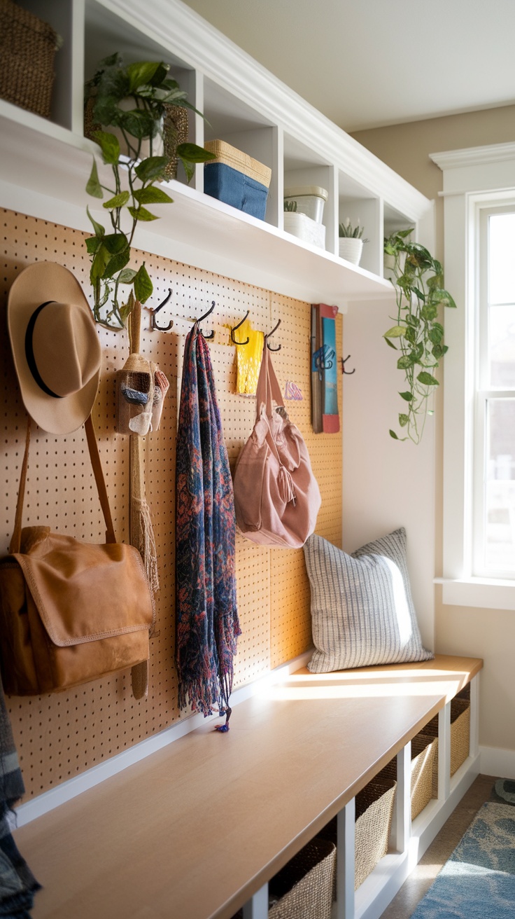 A well-organized mudroom with a pegboard, hooks for hanging items, and open shelves with plants and storage baskets.