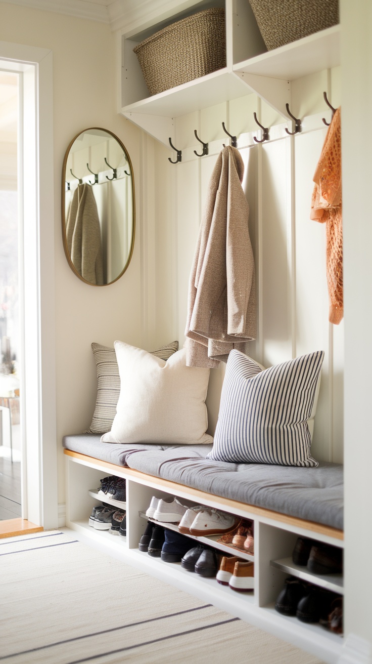 A stylish mudroom featuring a storage bench with pillows, hooks for coats, and organized shoe storage.