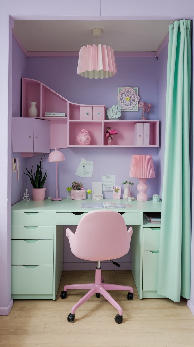 A pastel-themed cubicle decor with a mint green desk, pink chair, and lavender walls.