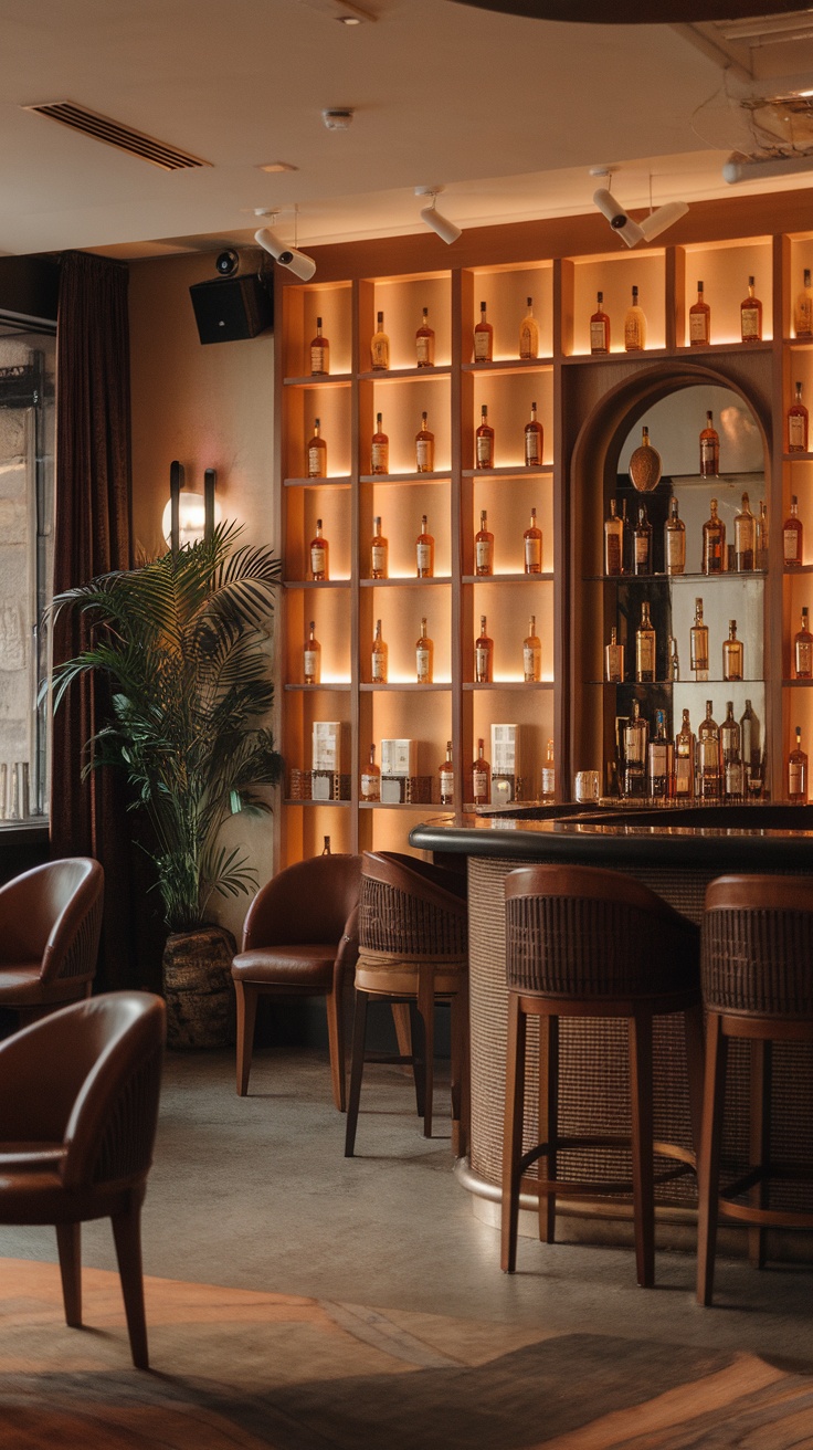 A stylish whisky lounge with a warm atmosphere, featuring a well-stocked bar and comfortable seating.