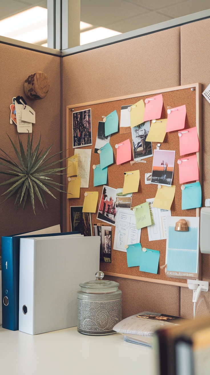 A corkboard filled with colorful sticky notes and photos in a cubicle setting