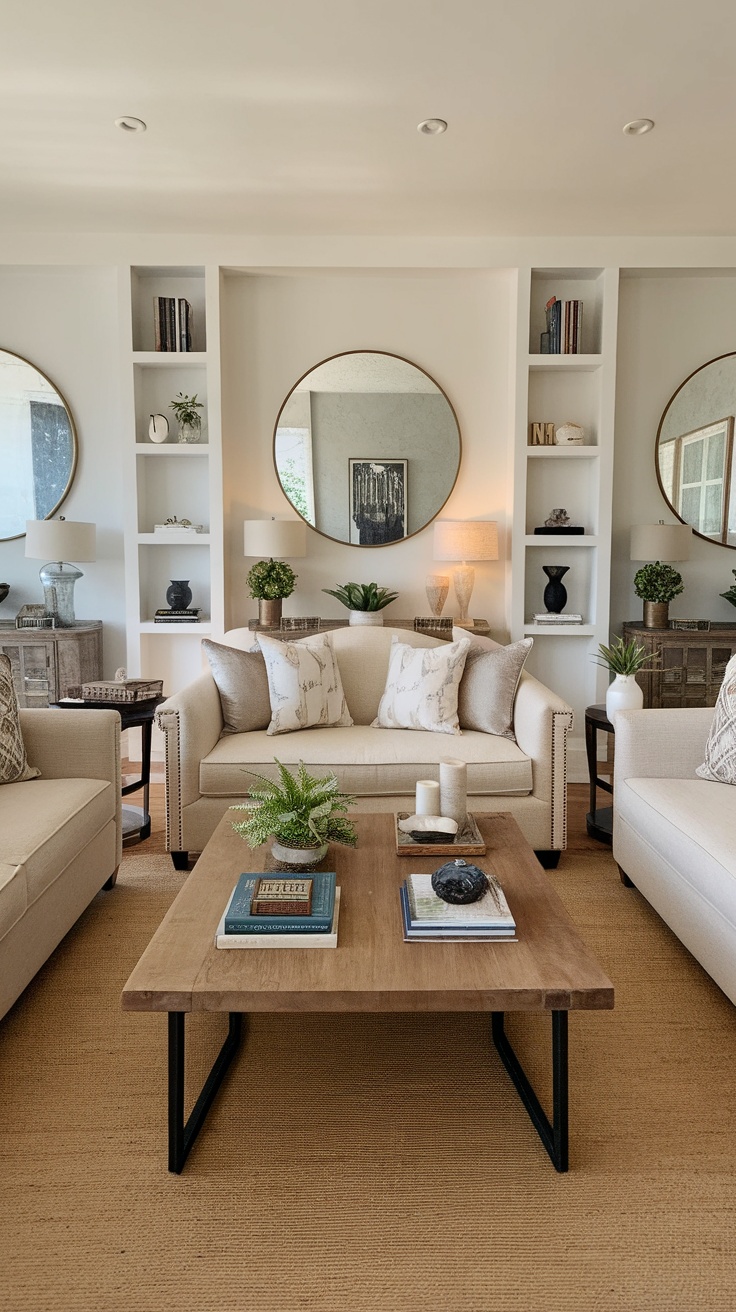 A symmetrical living room layout featuring two sofas, a coffee table, and decorative elements.