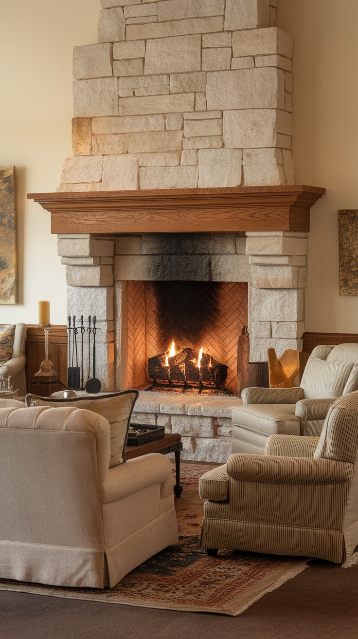 A cozy traditional living room featuring a stone fireplace with a warm fire, comfortable seating, and an inviting atmosphere.