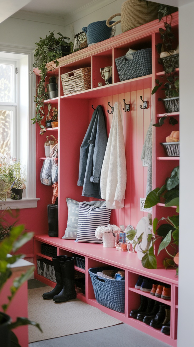 A traditional mudroom featuring Ikea Liatorp with pink walls, organized shelves, plants, and seating.