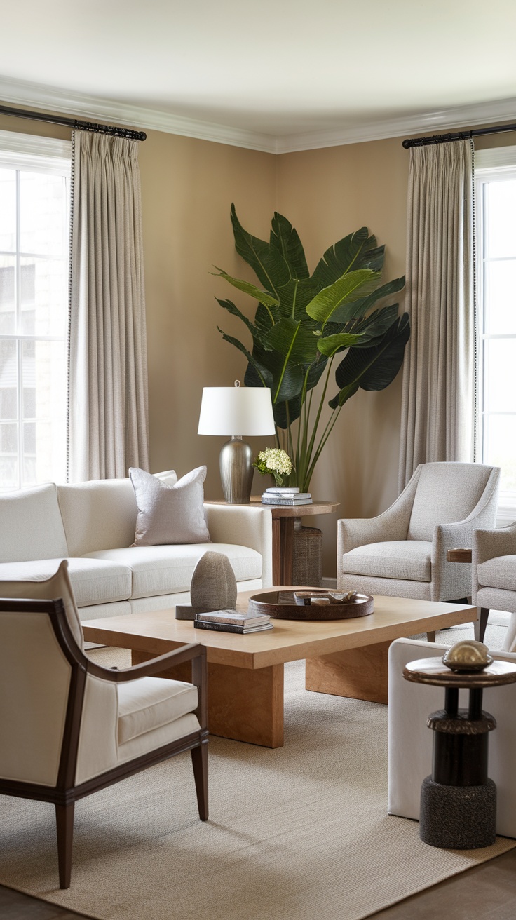 A cozy transitional style living room with a neutral palette, featuring a large sofa, elegant armchairs, a wooden coffee table, and a tall plant.