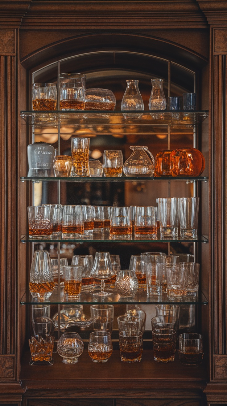 A well-organized display of various glassware for whisky, featuring different shapes and sizes arranged on glass shelves against a wooden background.