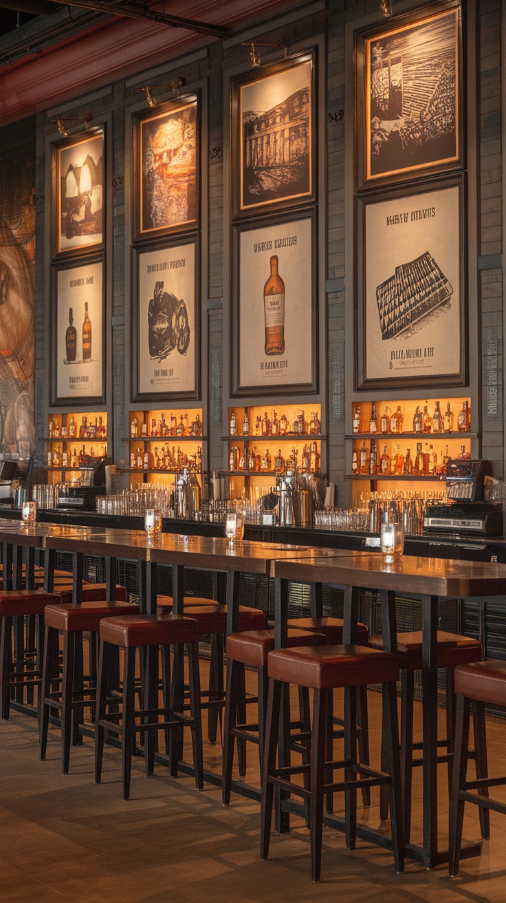 Whisky lounge with wall art featuring the history of whisky and a wooden bar